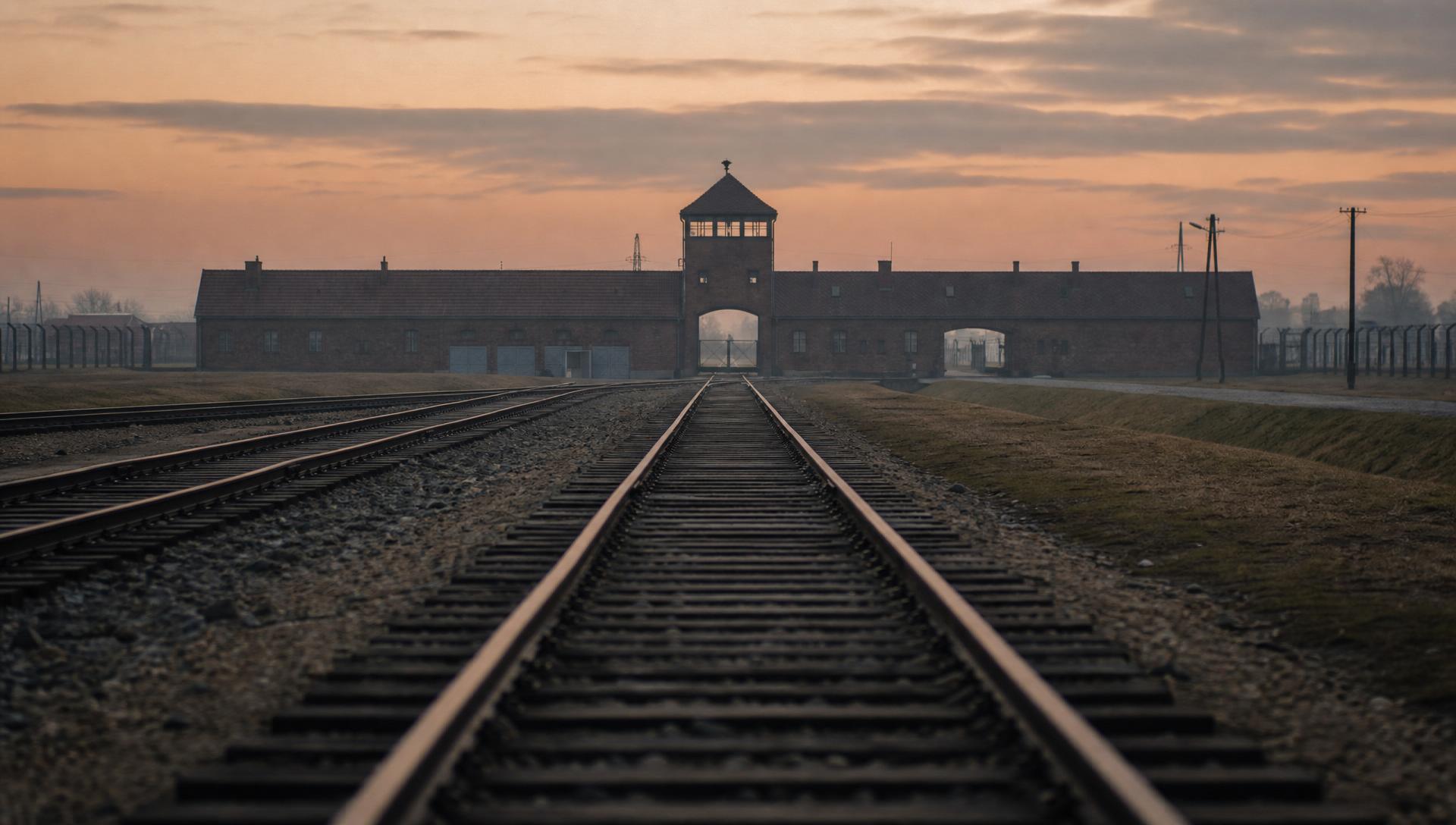 Birkenau entrance gate and railway tracks at dawn